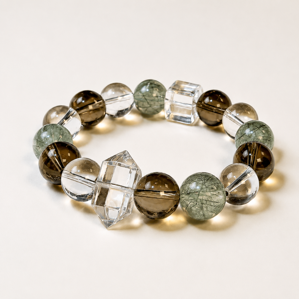 The Harmony Flow – Green Rutilated Quartz & Smoky Quartz Energy Bracelet