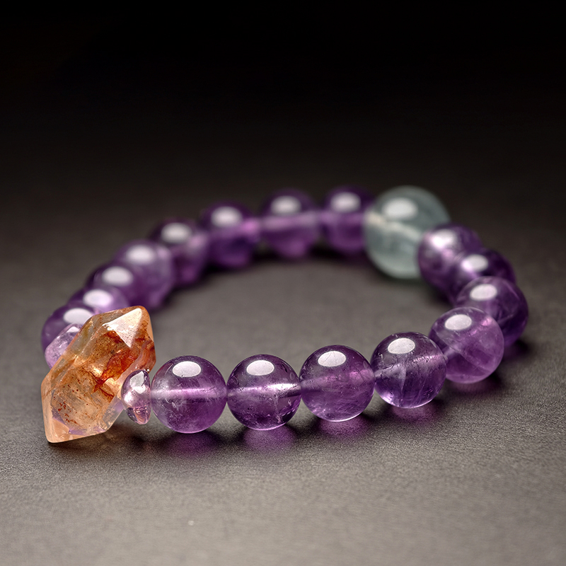 Radiant Flame Bracelet – Amethyst, Green Fluorite & Red Rutilated Quartz Design